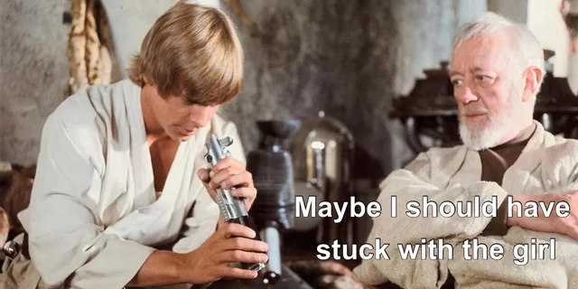 This meme is an image of a scene from the movie Star Wars: A New Hope, where Obi-Wan Kenobi is giving a lightsaber to Luke Skywalker. However, in this meme, the text "I find your lack of faith disturbing" is replaced with "I find your lack of snacks disturbing", and the response from Luke is "I am a droid" is replaced with "I am a droid, but I am hungry". The meme is a play on the famous line from the movie, but with a humorous twist about being hungry.